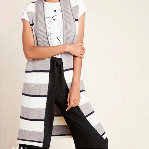 Anthropologie Pencey Striped Longline Sleeveless Cardigan Vest in Size Large - Picture 1 of 8